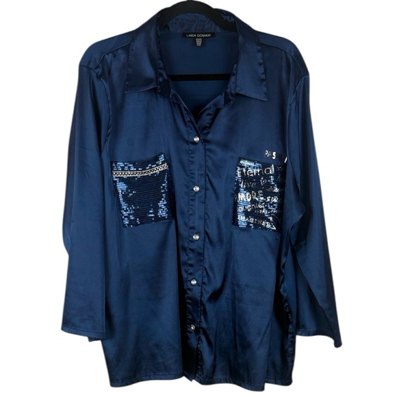 Linea Domani Blue Satin Like Rhinestone Buttons Down Front Blouse Size XXL - Picture 1 of 15